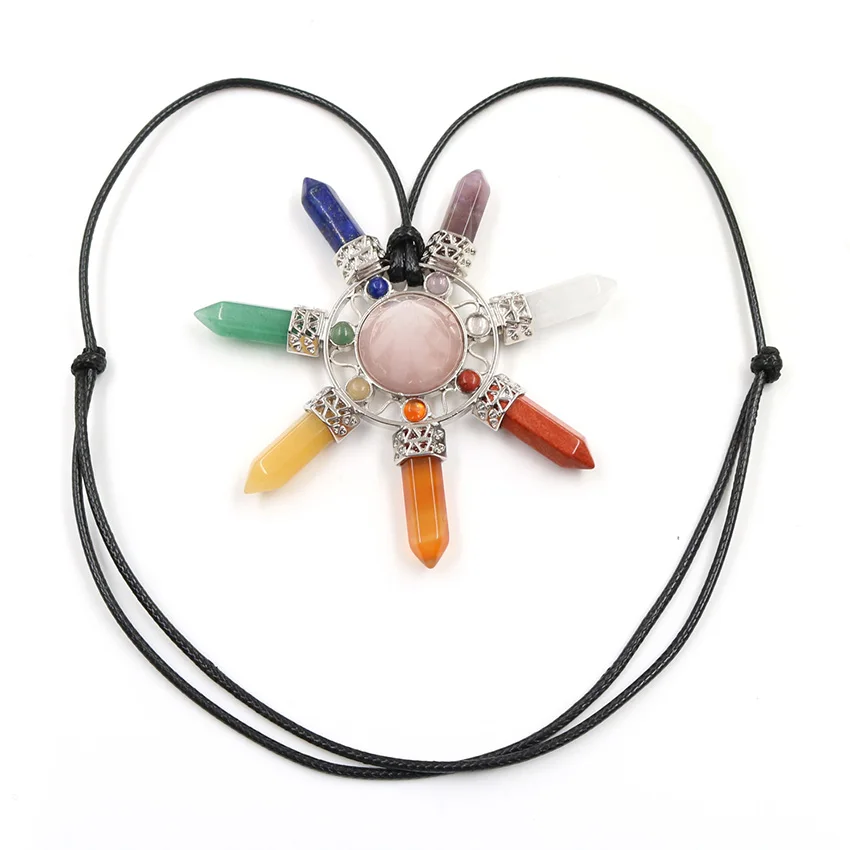 XSM Energy Generator Pendant Black Leather Rope Necklaces 7 Chakra Natural Hexagon Crystal Pillar Healing Point Pendants Jewelry