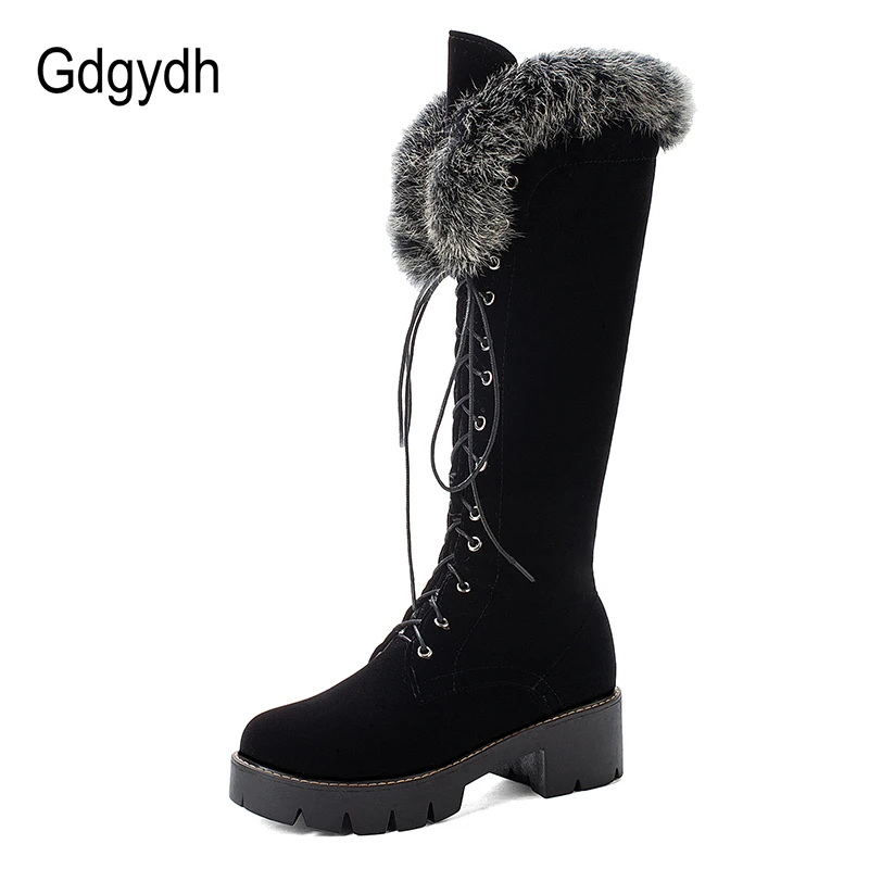 Gdgydh Lace-up Winter Shoes Women Snow Boots Real Fur Boots Women Knee High Suede Thick Heel Warm Outdoor With Zip Big Size 43