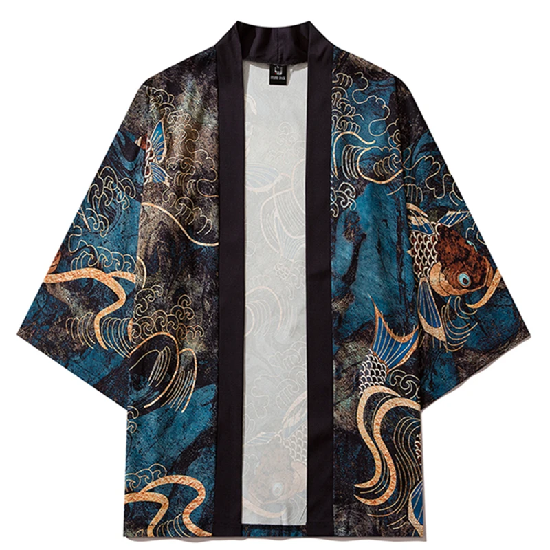 Women Japanese Samurai Yukata Female Men Asian Clothes Kimono Cardigan Shirt Haori Women Traditional Carp Print Kimono Pants Set