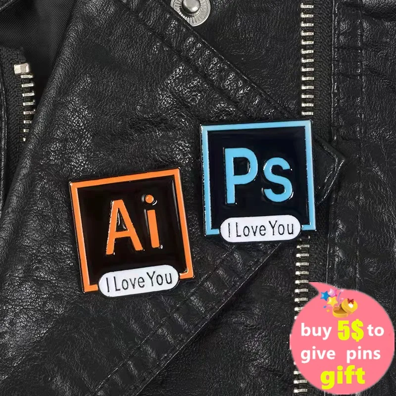 I Love You AI PS Pr Au Enamel Pin Brooch Photoshop Illustrator Premiere Adobe Icon Lapel Pin Computer Software Jewelry Wholesale