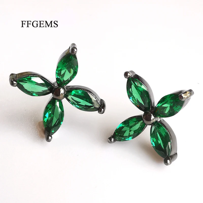 FFGems luckly four leaf clover Sterling Silver 925 earrings Created Nano Emerald green gemstone For Women Gift Fine Jewelry box