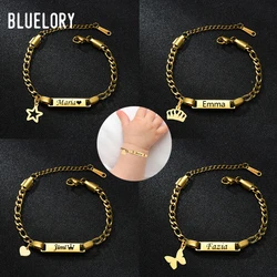 Bluelory Customized Engraved Name Baby Bracelets For Childs Stainless Steel Heart Crown Custom Jewelry Boy Girl Birthday Gifts