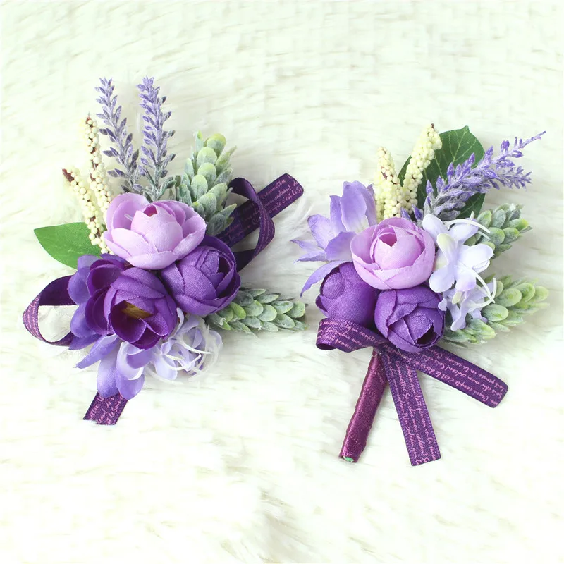 Boutonnière violette CHO Balance pour hommes, broche de mariage, fleurs artificielles, bracelet de demoiselles d'honneur, corsage de poignet de Rh