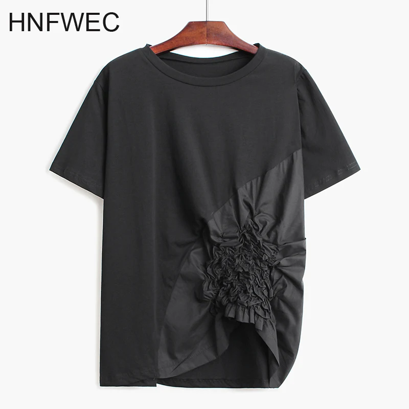 Women Gray Pleated Split  Asymmetrical Temperament T-shirt New Round Neck Short Sleeve Fashion Spring Summer 2020 V431