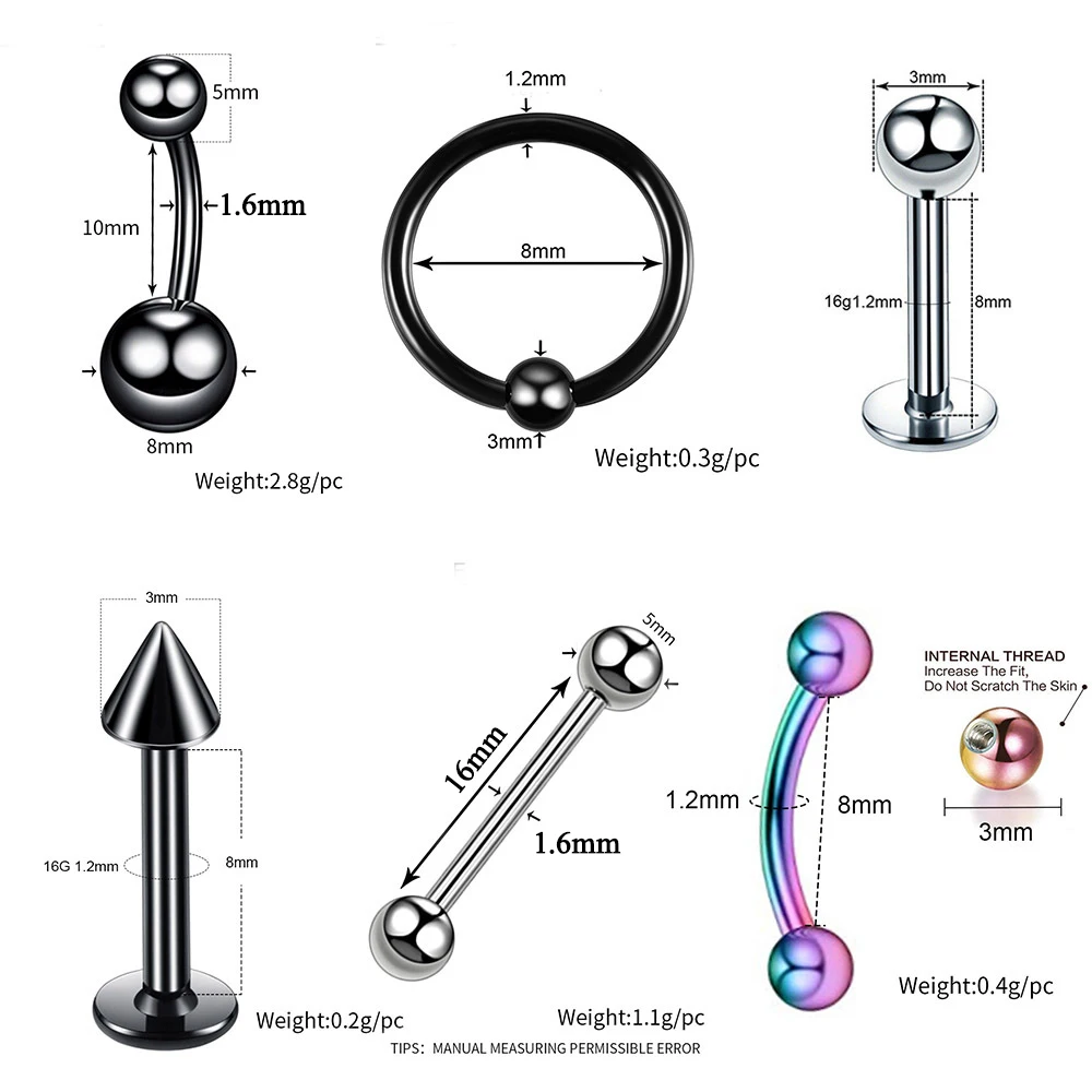 4Pcs/Lot Stainless Steel Earring Helix Nose Eyebrow Lip Labret Rings Tragus Tongue  Barbell Navel Belly Piercings Body Jewelry