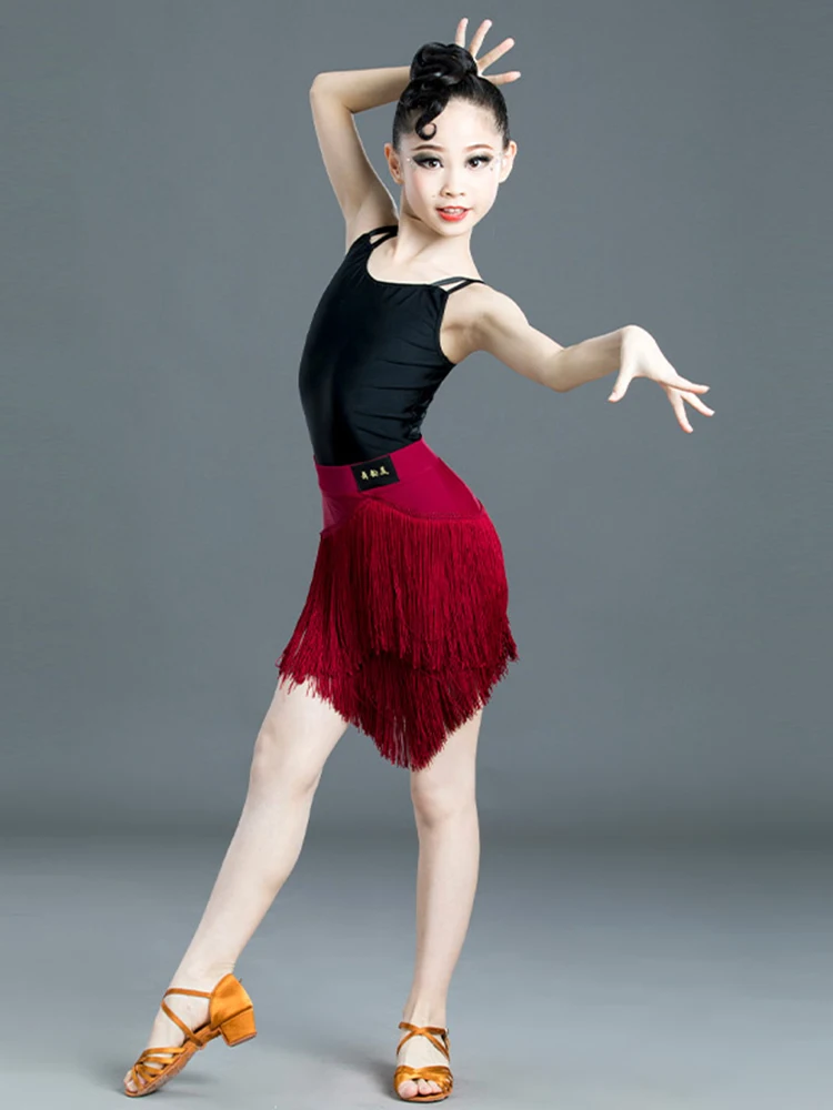 Vestido de dança latina com franja para crianças, performance de salão, saia de collant para meninas, performance de palco, Sumba profissional, vermelho, preto