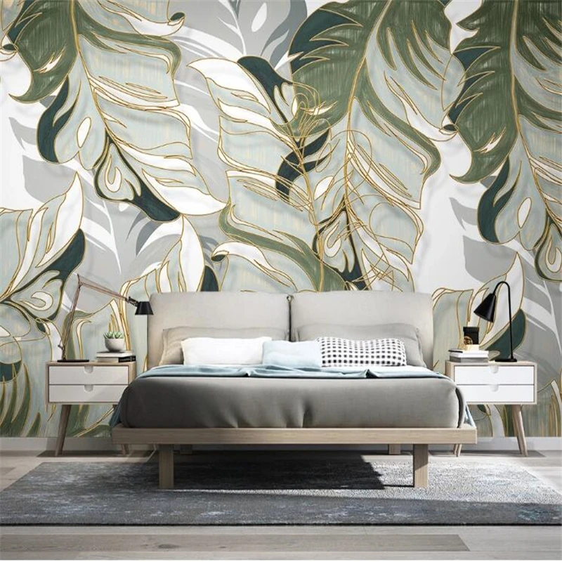 Customized wallpaper Nordic hand-painted tropical plant leaves light and luxurious lines living room TV background wall mural