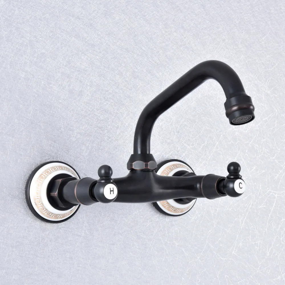 

Кухонный мокрой бар, кран для раковины для ванной комнаты, черный латунный настенный поворотный носик, смеситель с двумя ручками msf731