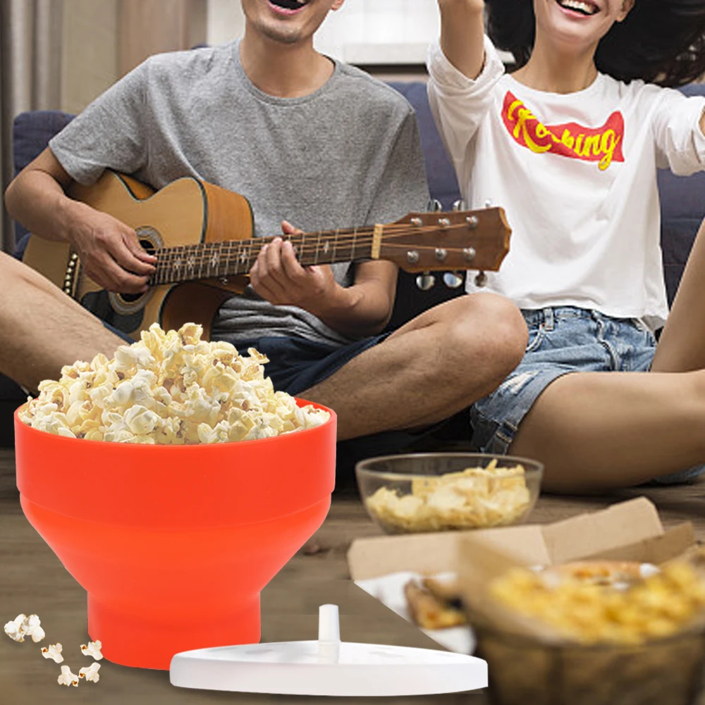 Microwave Popcorn Bowl Bucket Foldable DIY with Lid Chips Fruit Dish High Quality Kitchen Easy Tools Silicone Popcorn Maker