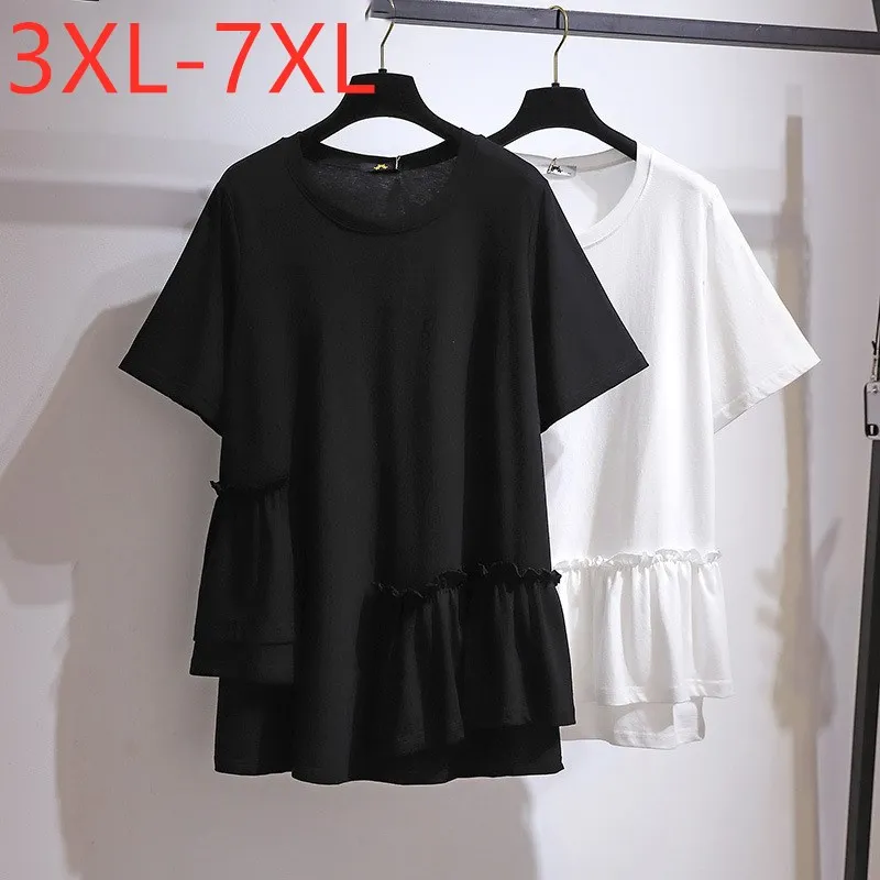 New 2021 Ladies Summer Plus Size Tops For Women Large Short Sleeve Loose Black White Cotton Ruffle T-shirt 7XL