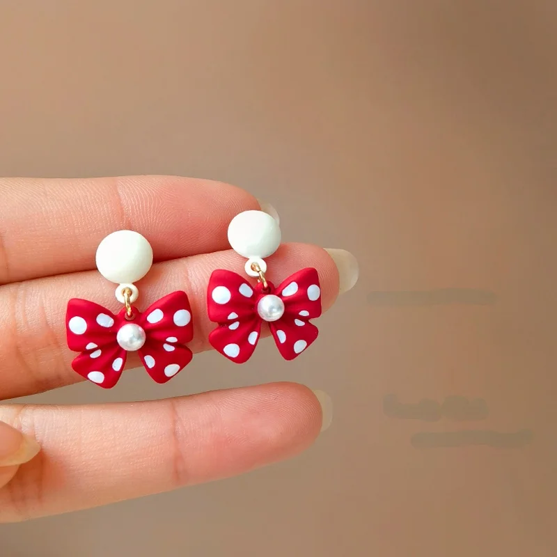 

925 Silver Needle Women Jewelry Red Bowknot Earring Pretty Design Sweet Dots Bow Dangle Drop Earrings For Women Girl Party Gifts