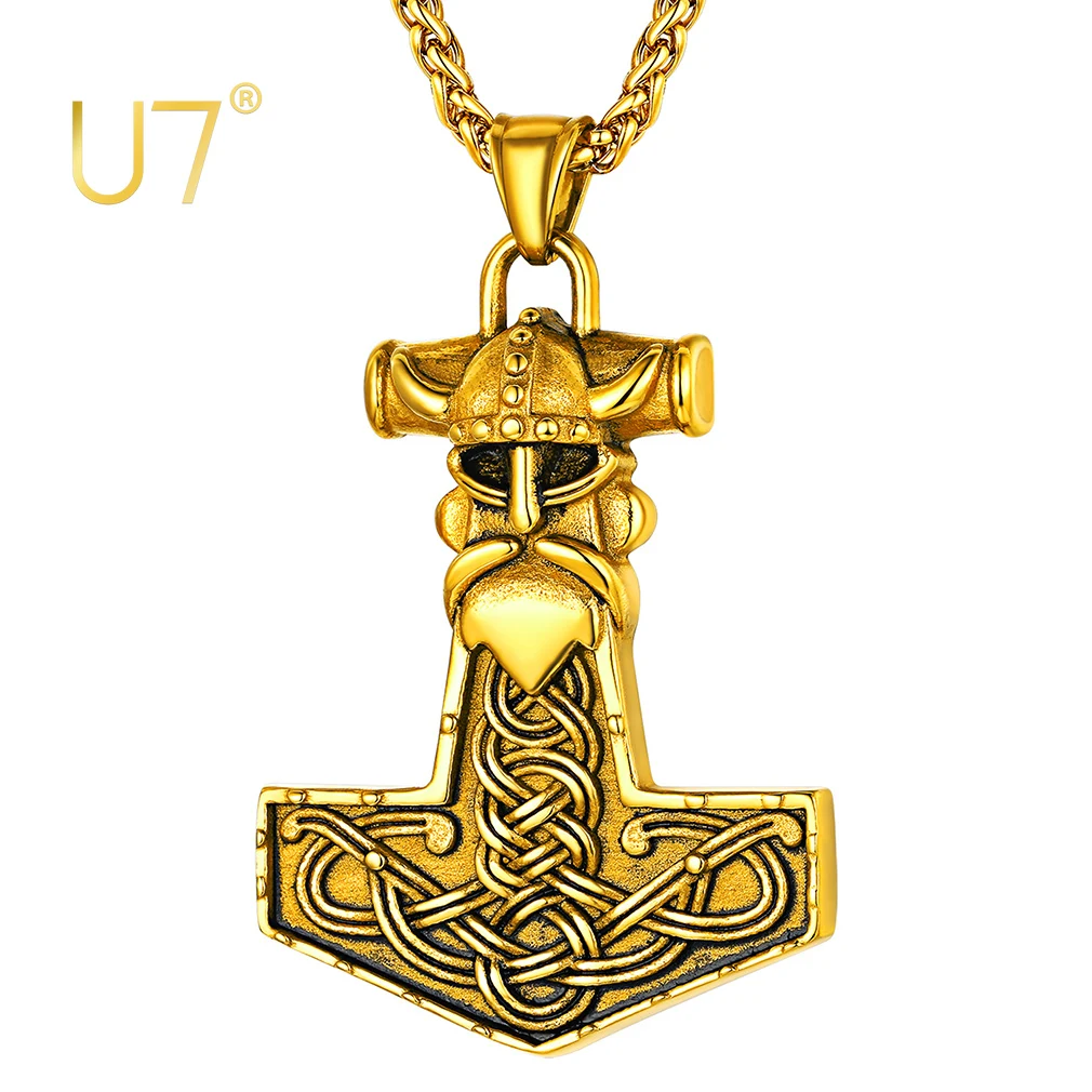 U7 Norse Vikings Odin Necklace Mens Stainless Steel Nordic Viking Jewelry Thor\'s Hammer Pendant Pagan Amulet Accessories