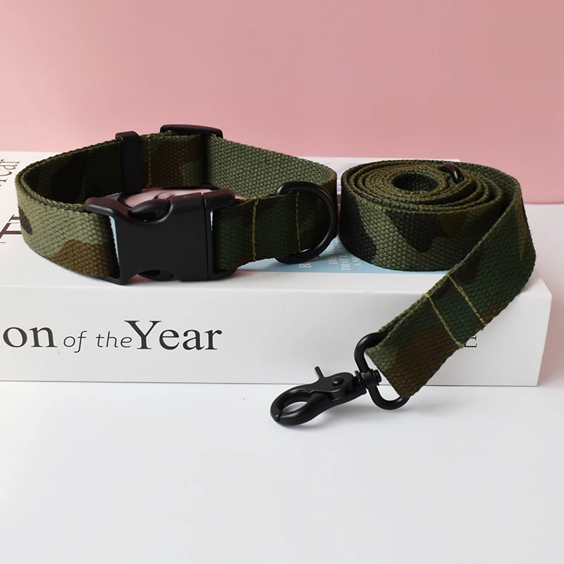 Green camouflage Custom Pet Collar Walking Leash Set Personalized Puppy Nameplate ID Adjustable Engraved