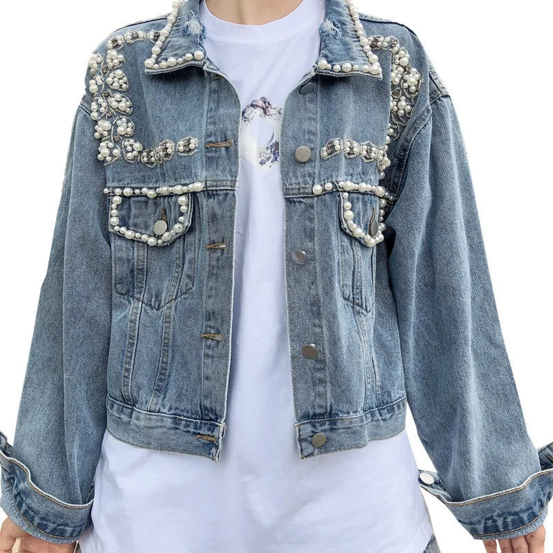 

2024 Autumn Streetwear Pearl Beading Short Denim Jackets Women Wash Long Sleeve Vintage Casual Jean Jacket Bomber Denim Coat