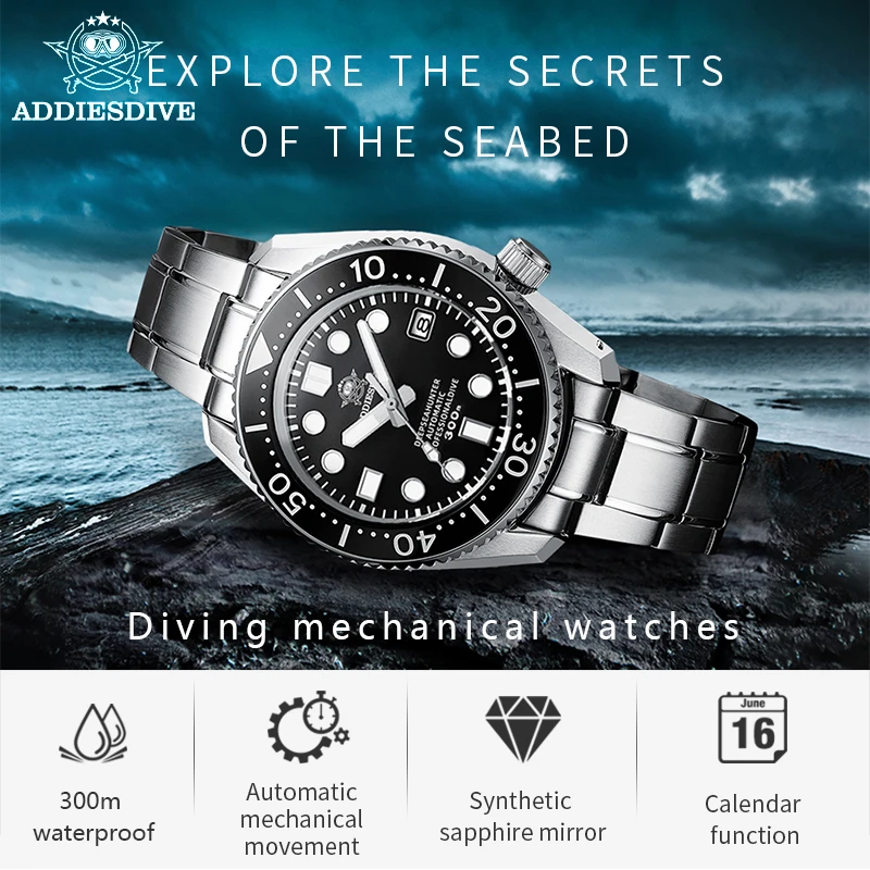 ADDIESDIVE Men\'s watch 300m Waterproof Ceramic Bezel Dive Watch C3 automatic Japan NH35 Mechanical Watch Diving watch