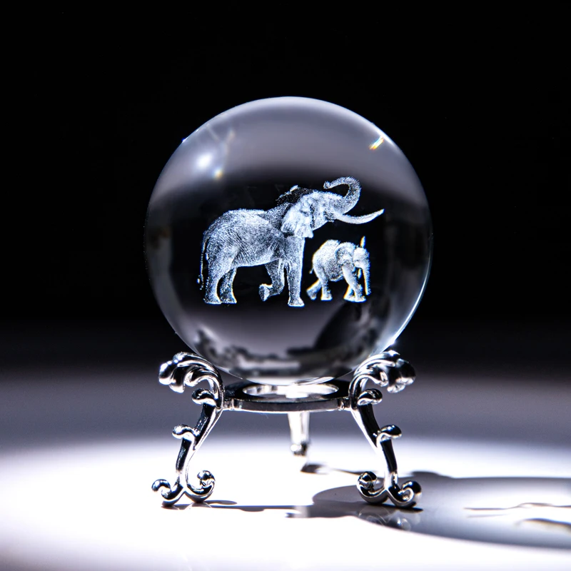 

H&D 3D Laser Carving Elephant Crystal 60mm Ball Crystal Paperweight Figurine Fengshui Home Art Decor Crafts(Mother and Child)