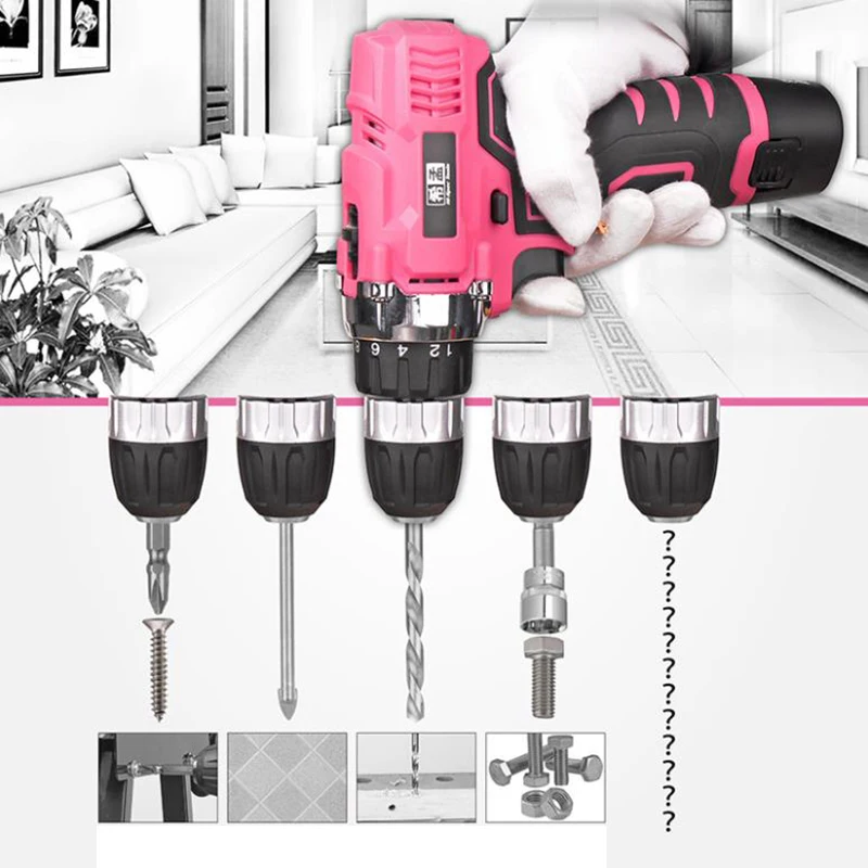 Pink Hand Tool Set KitElectric Screwdriver Li-ion Battery Lady Women Household Power Tool Set