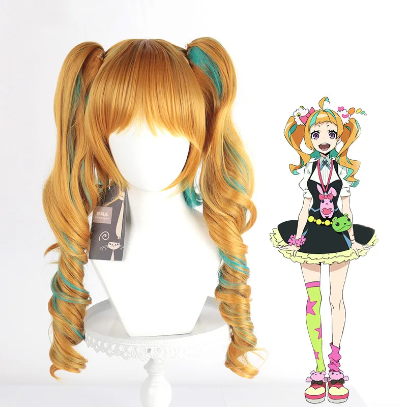 

Kiznaiver Niyama Nico Cosplay Long Ponytails Orange Green Gradient Curly Heat Resistant Synthetic Hair Halloween Party + Wig Cap