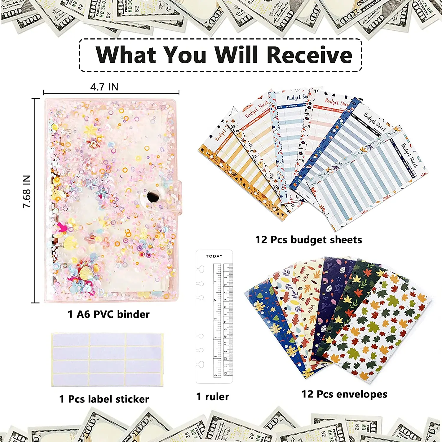 28 Pcs A6 PVC Waterproof Budget Binder Creative Notebook Cover  with 12 Budget Sheets,12 Cash Envelopes,2 Labels Sticker,A Ruler