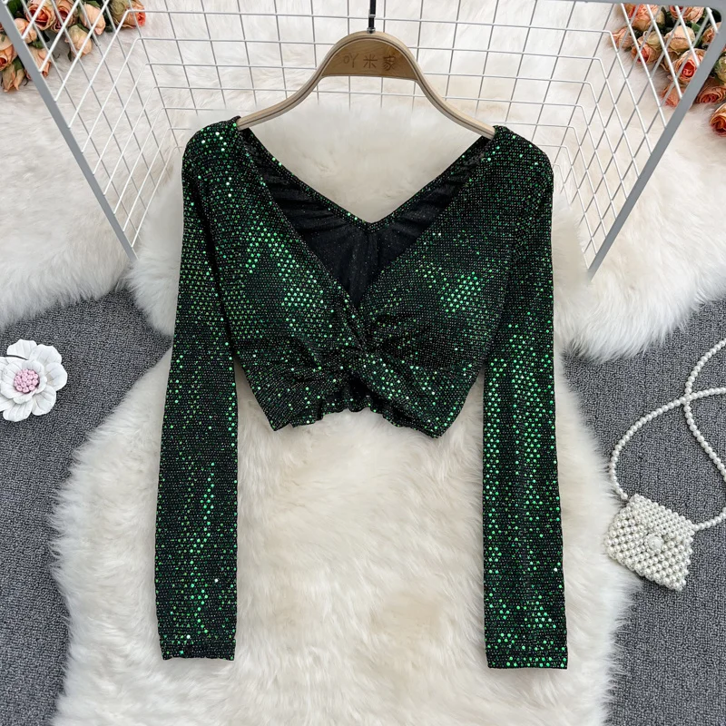 

New Fashion Club Street Sequin Kink V-neck Wrinkle Top Women Sexy Slim Shiny Shirt Blouse Girls Short Belly Top Autumn Winter