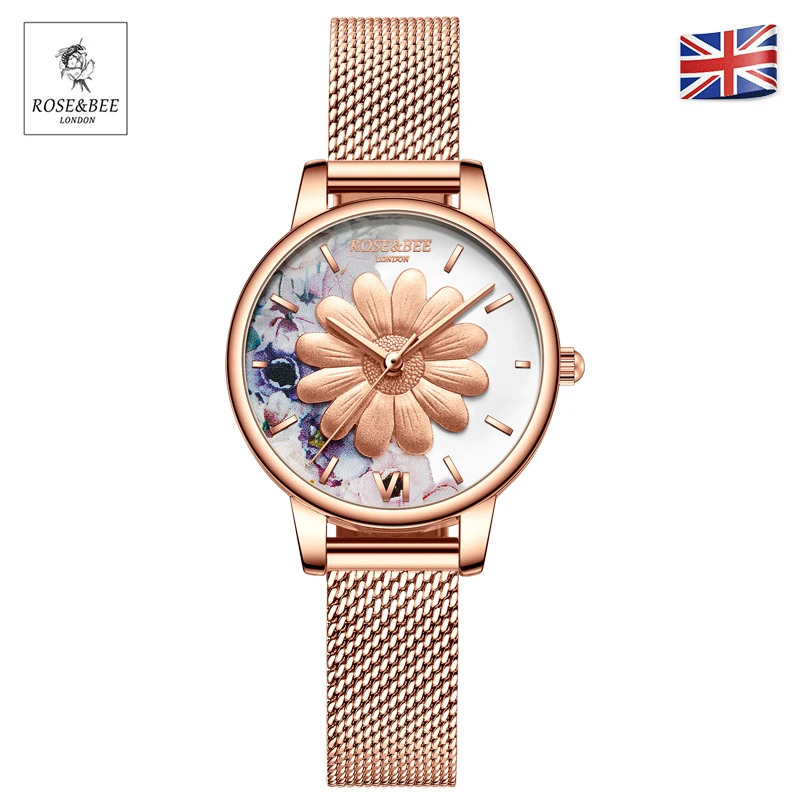 Chrysanthemum Flowers Garden Fashion Ladies Wristwatches Black Leather Rose Gold Case Japan Quartz Wrist Watches for Women