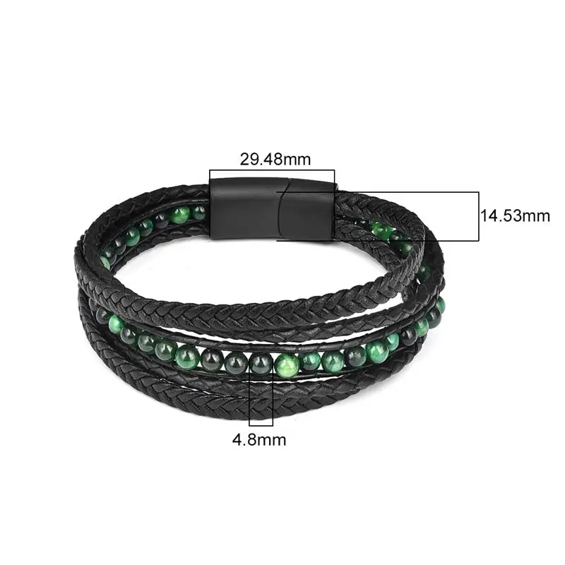 Jiayiqi Men\'s Bracelets Natural Stone Multilayer Leather Braided Bracelet Green Beads Bangle Vintage Male Jewelry Wristband Gift