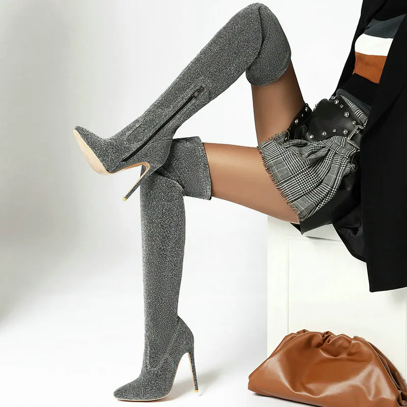 

Stretch Fabric Fashion Women Over the Knee Boots Super Thin High Heel Pointed Toe Ladies Long Boots Side Zipper Women Boots