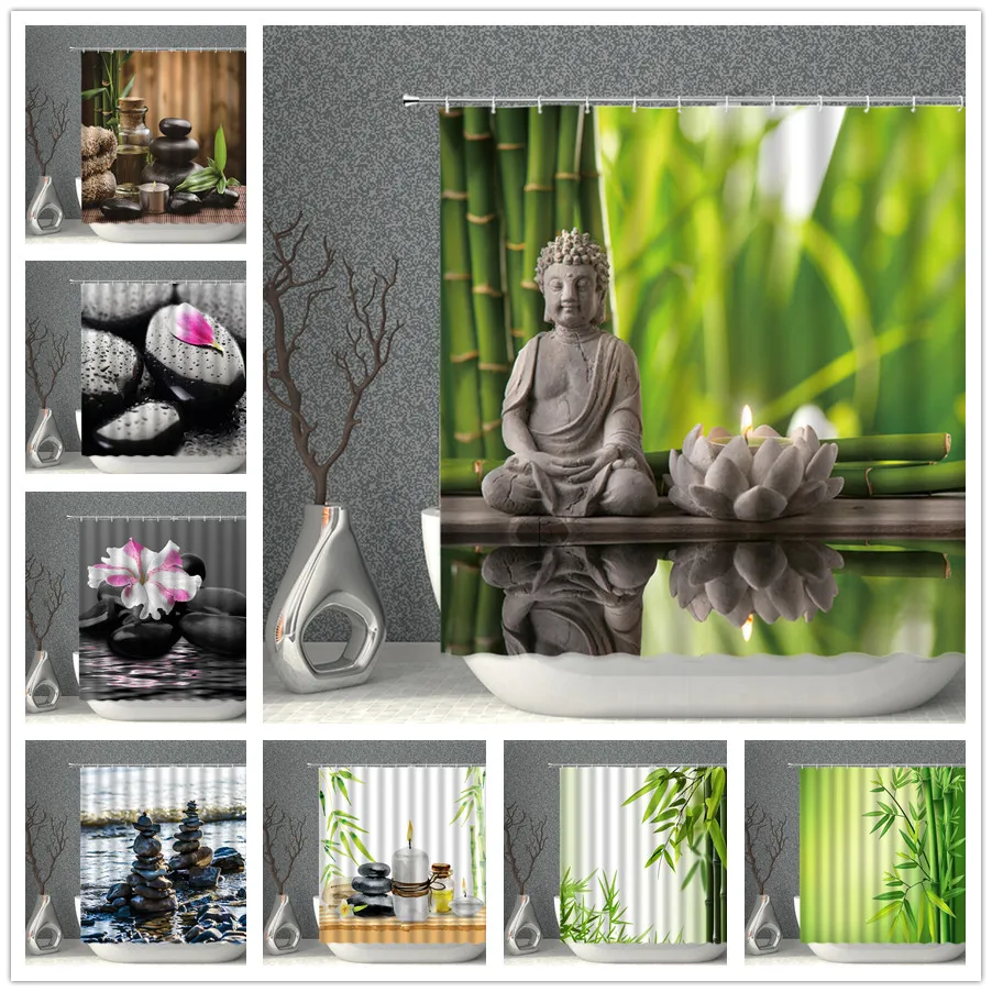 

Buddha Stone Tower Zen Shower Curtain 3D Green Bamboo Water landscape Scenery Polyester Fabric Bath Curtains Screen Home Decor