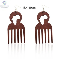 SOMESOOR Big Engraved Afro Ethnic Comb Design Wooden Drop Tribal Earrings With Hollow African Map Pattern For Black Women Gifts