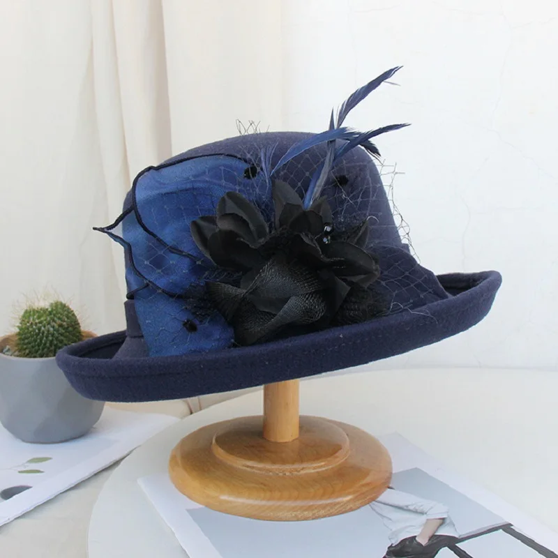 2021 frauen Warme Wolle Filz Blumen Hut Damen Breiter Krempe Hut Herbst Winter Edle Elegante Mädchen Mode Party Kappe Dekoration – Detail 11