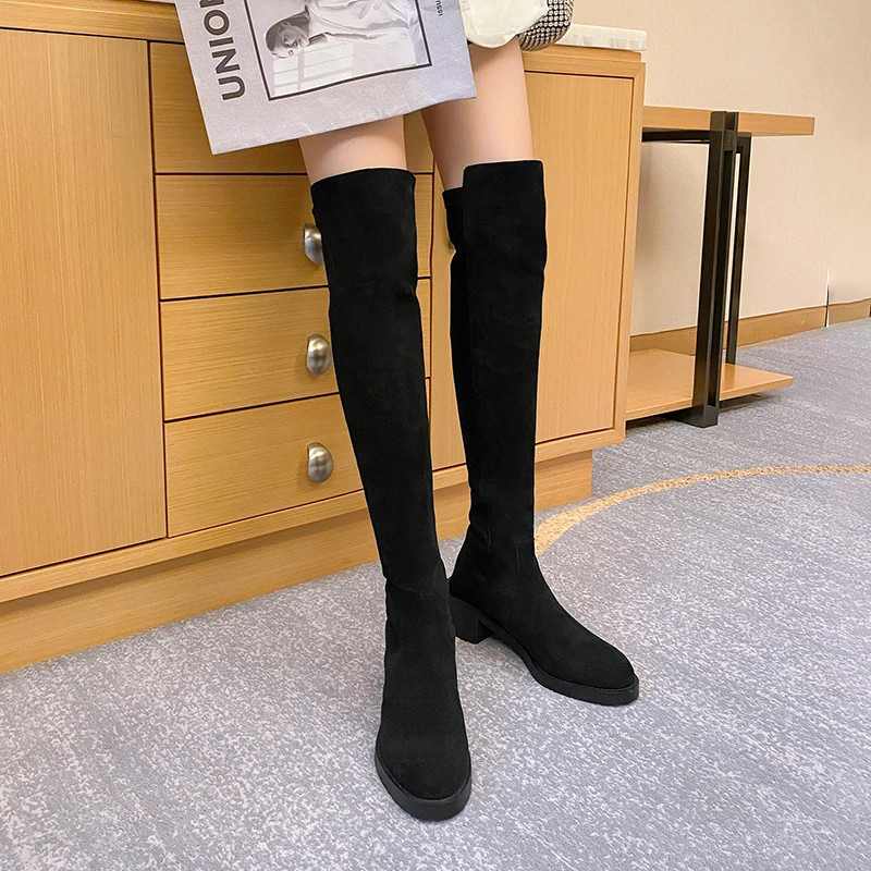 New Genuine Leather Women\'s High Boots Fashion Slip-On Over-the-Knee Women Boots Autumn Winter Flock Round Toe Stretch Boots