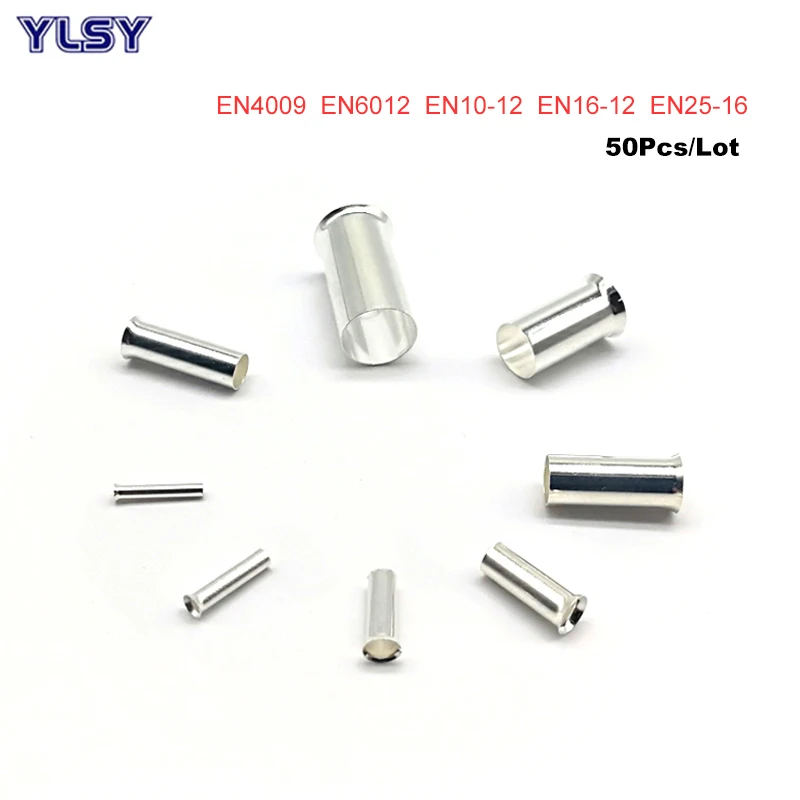 50Pcs Copper Tube Naked Cord End Crimp Terminals Bare Electrical Wire Cable   Connector EN4009~EN25-16 Ferrules 12-4AWG 4-25mm2