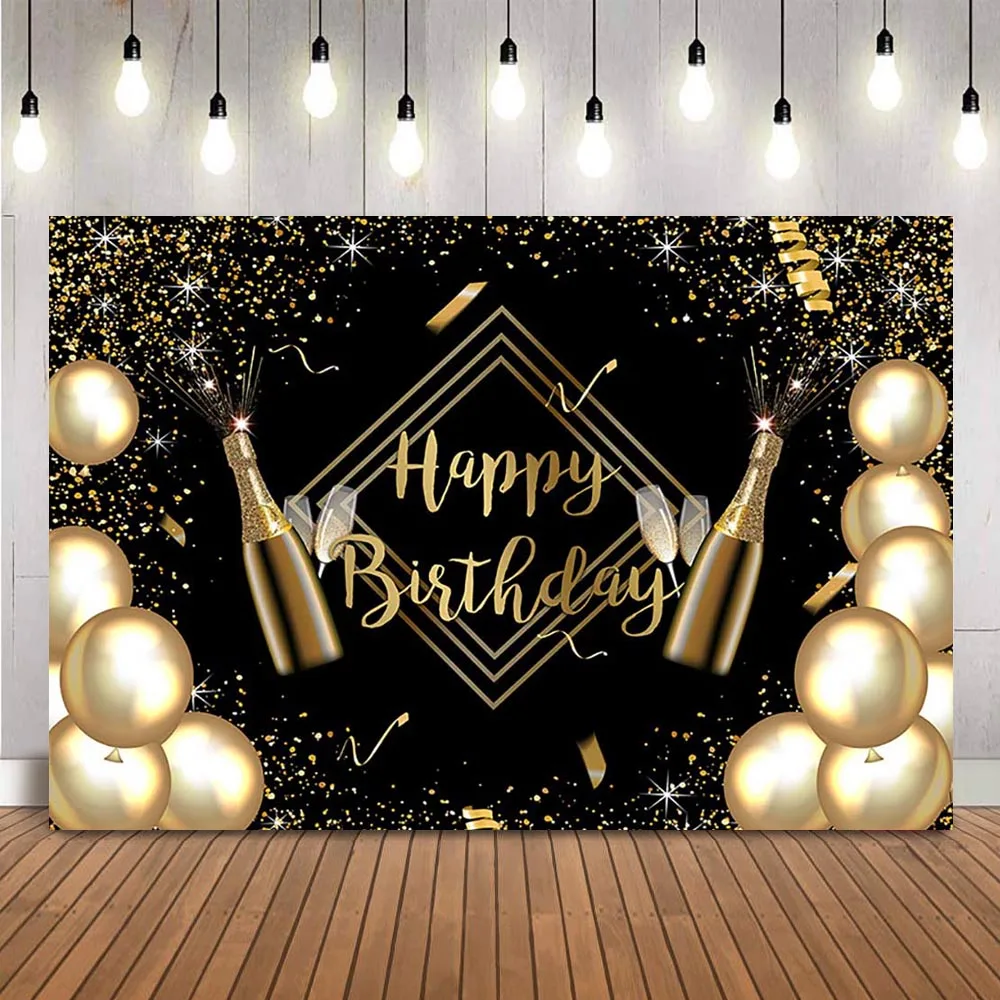 

Black Happy Birthday Backdrop Gold Balloons Happy Birthday party Champagne Glitter Theme Birthday Party Decoration Portrait Prop