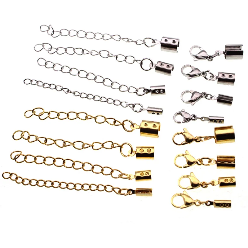 10Pcs/Lot Stainless Steel Leather Cord Crimps End Tip Caps Connectors Extender Chain/Lobster Clasp For Bracelet Jewelry Making