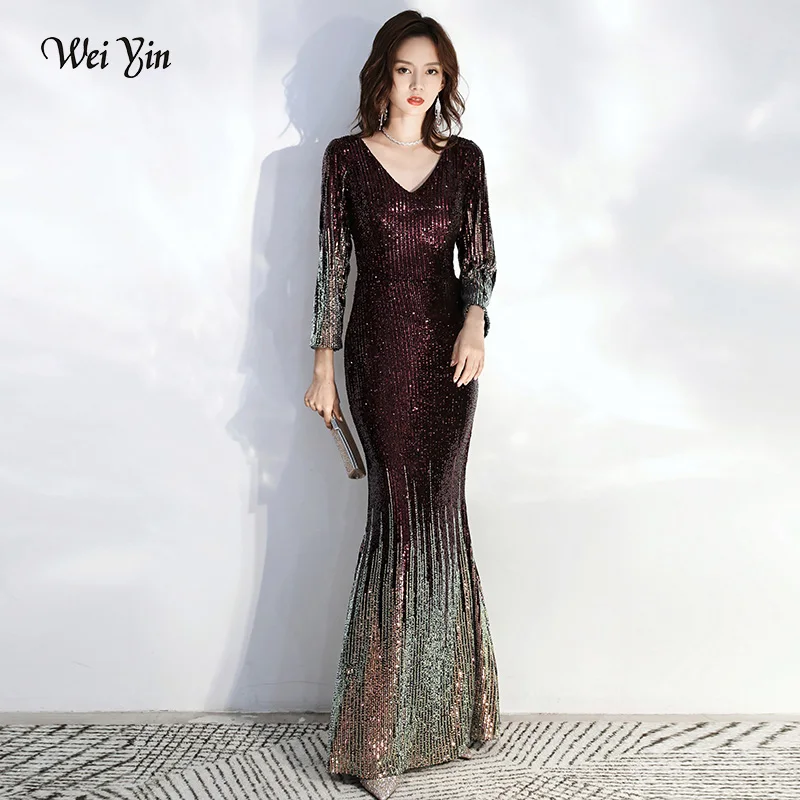 

wei yin AE0300 Evening Dress Long Sparkle 2023 New V-Neck Women Long Sleeve Elegant Sequin Mermaid Maxi Evening Party Gown Dress