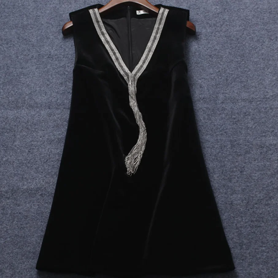 

autumn winter sleeveless Velvet beaded dress women tassel V-neck A-line party dress