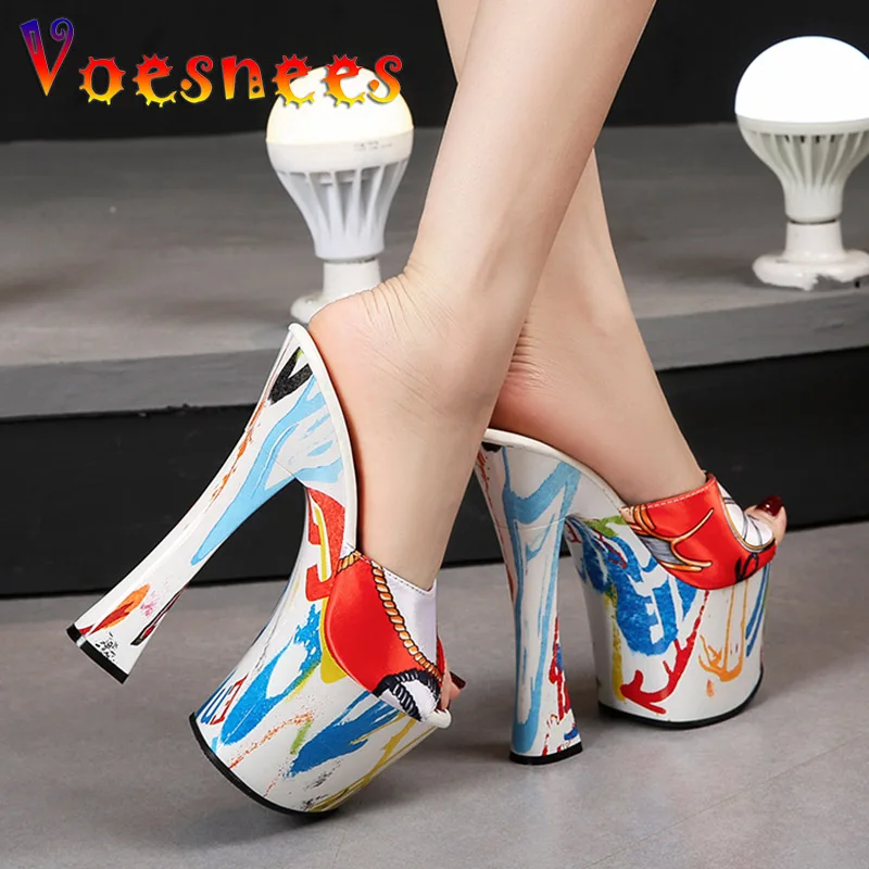 Voesnees New Silk Women Slippers Fashion Printing Summer High Heel Sandals Waterproof platform 17.5CM Slides Party Shoes Size 43