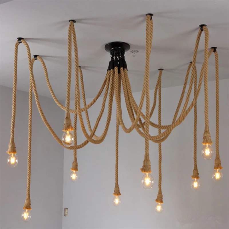 Vintage hemp rope pendant lamp dining room furniture Living room kitchen industrial Spider web Multi-head Retro hanging lights