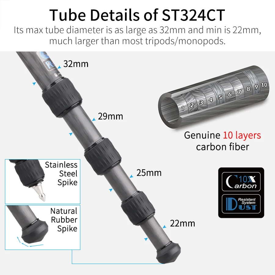 ST324CT/CF Professional 10 Layers Carbon Fiber Tripod for DSLR Camera Video Camcorder Birdwatching Heavy Duty Stand Bowl Adapter