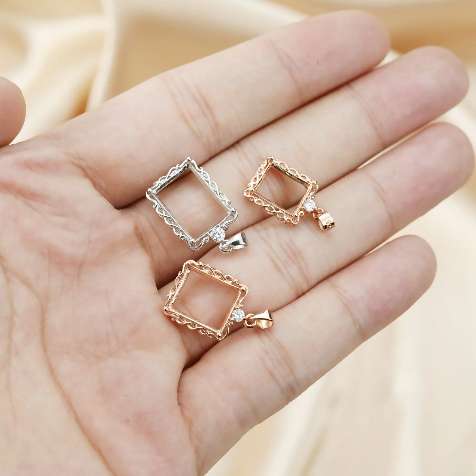 Multiple Size Rectangle Rose Gold Silver Gems CZ Stone Bezel Solid 925 Sterling Silver Prong Pendant Charm Settings 1431036