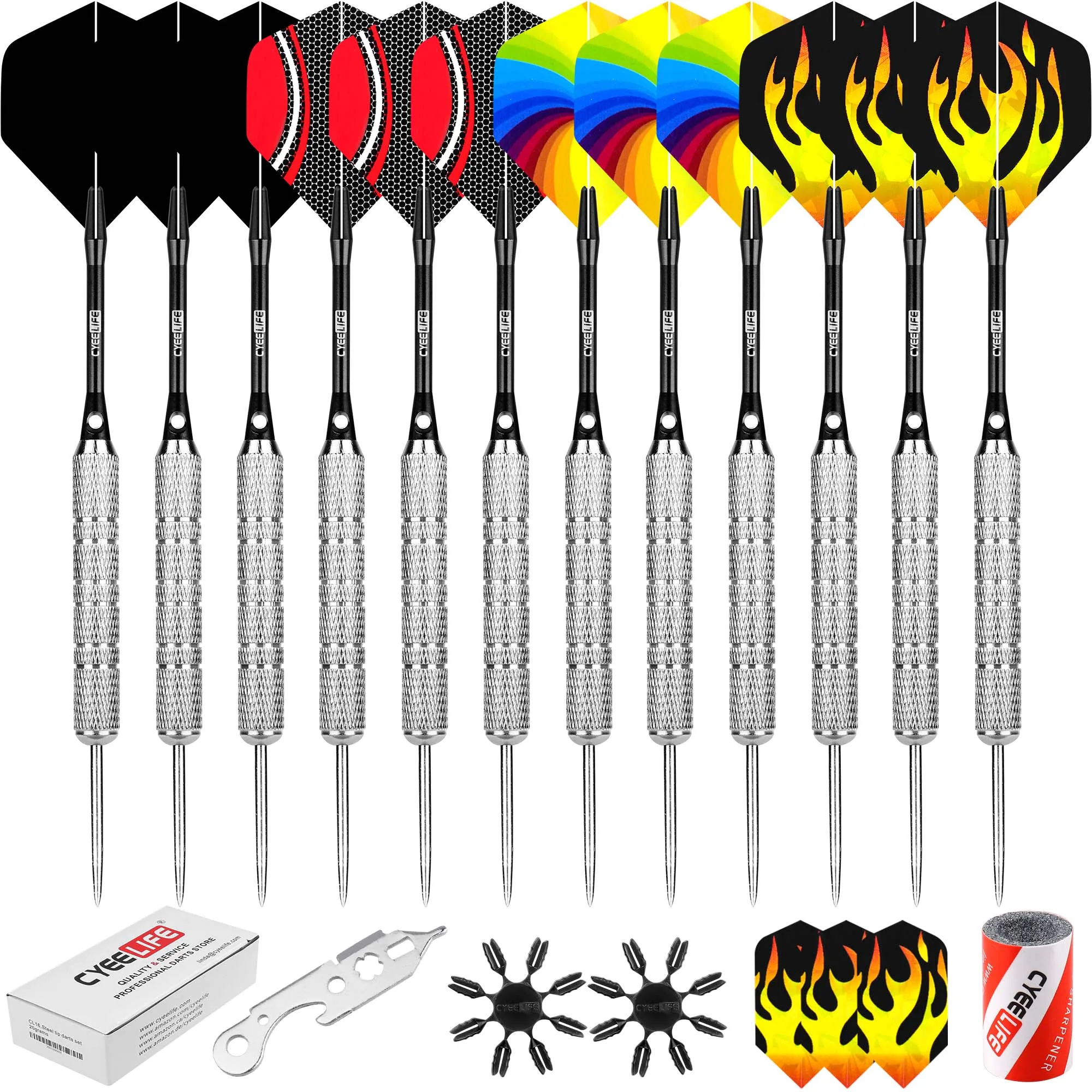 

CyeeLife 12PCS Steel Darts18/20/22/28g Pet tail, aluminum rod, 1 tool ,2pcs tail protector, grindstone