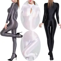 Metelam Womens Shiny Satin Glossy Silky Leotard Jumpsuit 2 Zipper Open Bust & Crotch Bodysuit Catsuit Plus Size