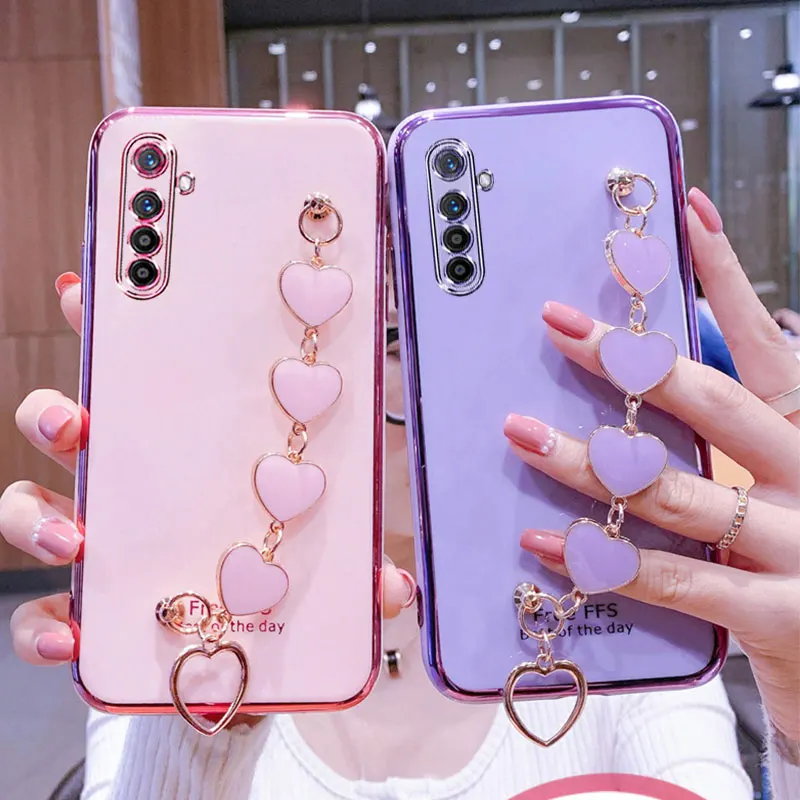 Wrist Bracelet Phone Case For Oppo Realme XT Case Luxury Love Heart Chain Plating Cover For Realme X2 Pro C25 X3 Superzoom Capa