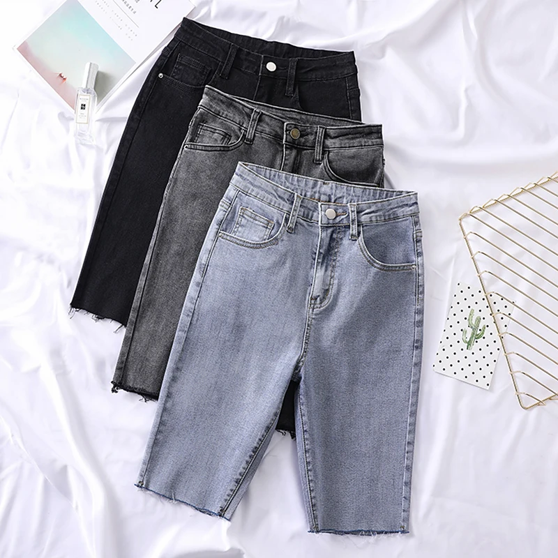 Skinny Stretch Denim Shorts Women Summer High Waist Black Blue Gray Knee Length Jeans Shorts Jeans Short Femme