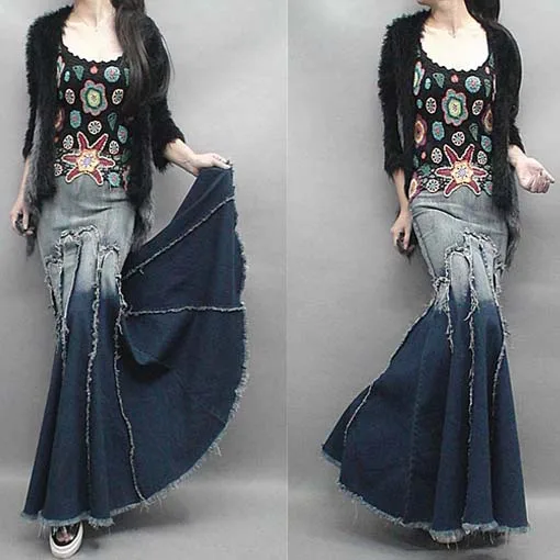 

Elegant Gradient Fish Tail Denim Skirt Women Ankle-length Long Skirt Mermaid Trumpet Empire High Waist Jeans Vintage Empire