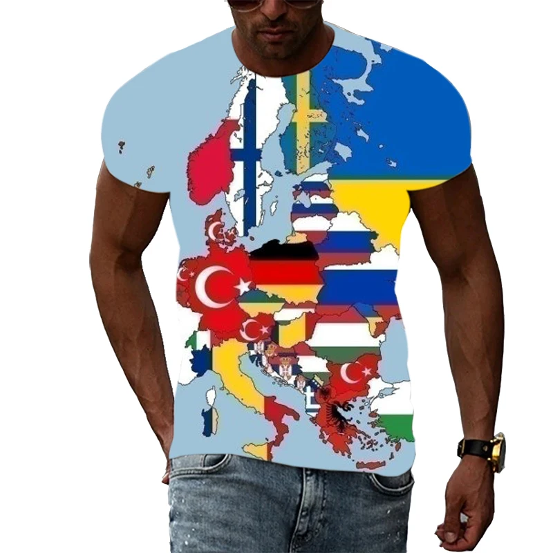 Summer europe flag graphic t shirts For Men Fashion Casual Map Pattern Printing T-shirt Interesting Personality streetwear Top