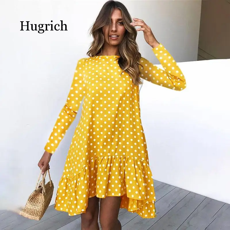 Spring Fashion Polka Dot Dress Women Long Sleeve Ruffle Ladies Casual Dresses 2020 Yellow Losse Dress For Women Clothes Blue