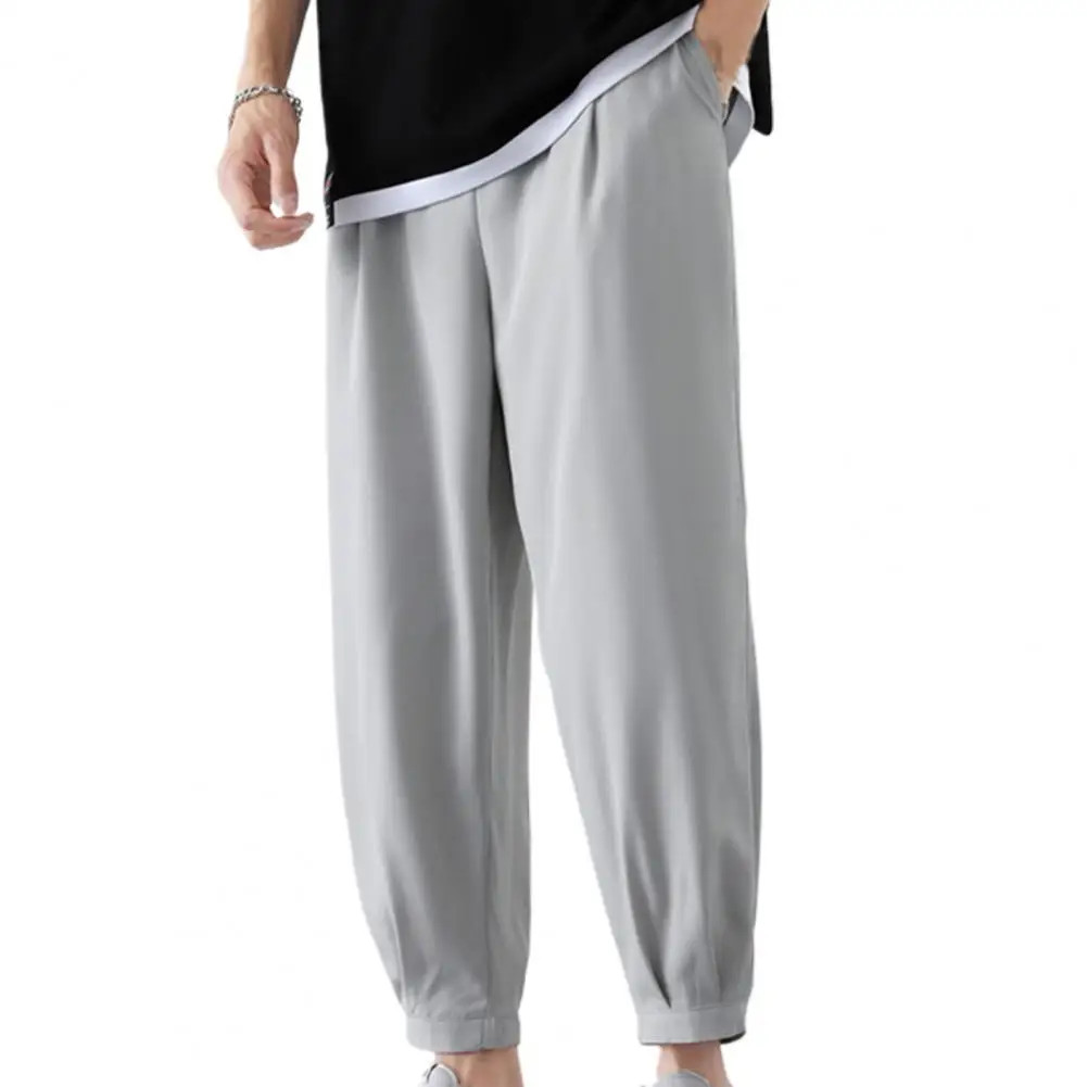 

Solid Color Men Pants Ankle-length Smooth Wide Leg Ankle Tied Oversize Elastic Waist All Match Pants Drawstring Thin Sweatpants