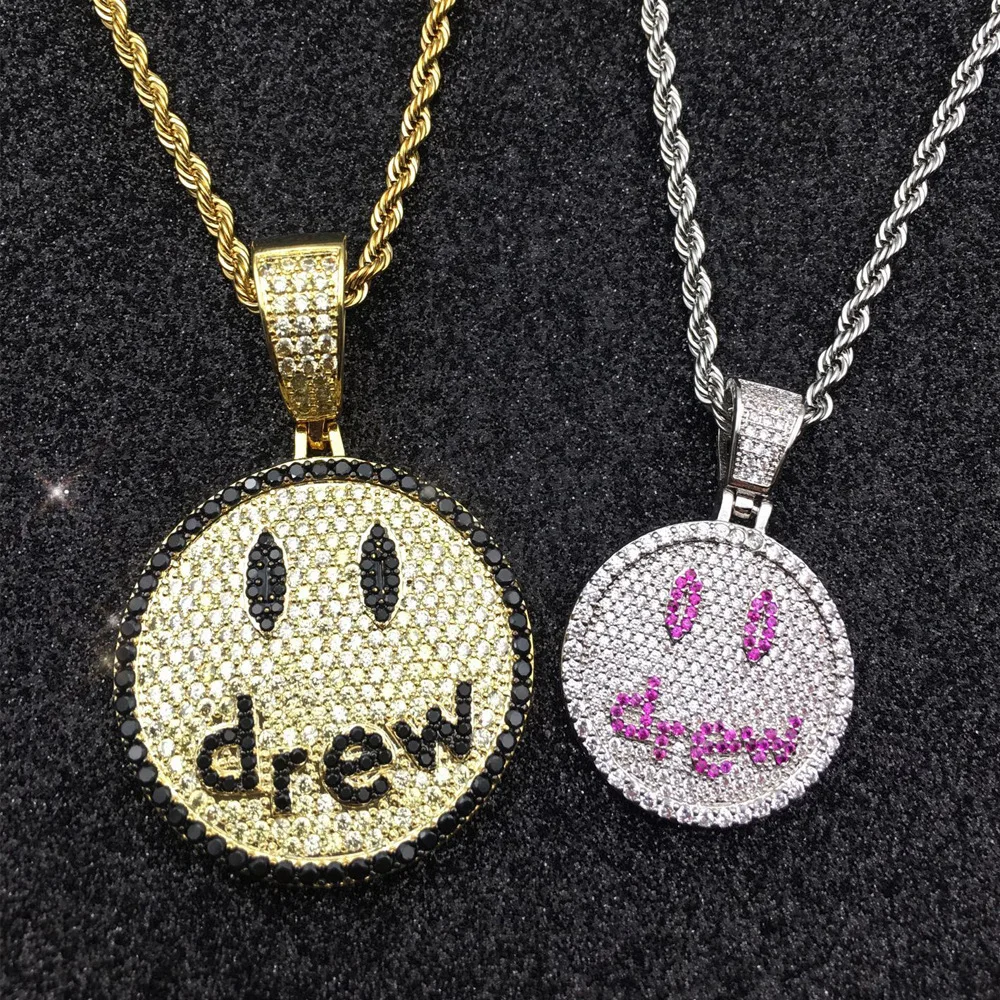 Hip Hop Jewelry Drew Smile Pendant Face Pendant Necklace for Men Women New Arrival Micro Pave Colorful Zircon Lovers Necklace