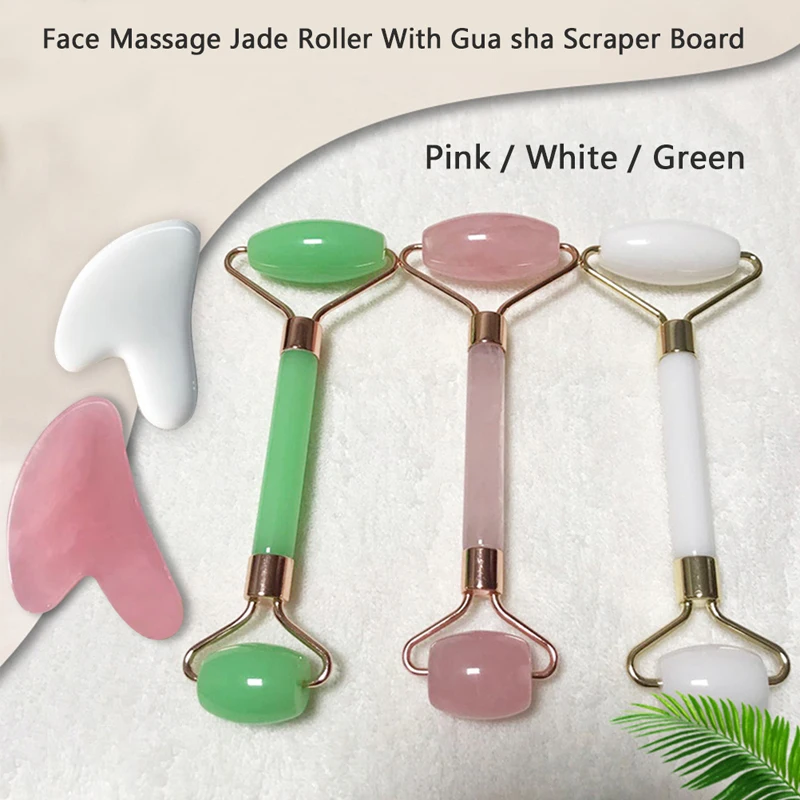 1/2pcs/Set Quartz Jade Stone Face Massage Roller Gua Sha Scraper Board Face Guasha Kamien Gua Sha Stone For Face Massage Rose